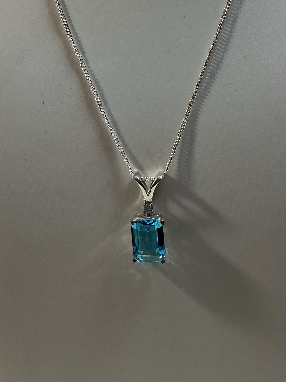 Aquamarine Emerald Cut Lab Created & Cubic Zirconia Sterling Silver Pendant Neck